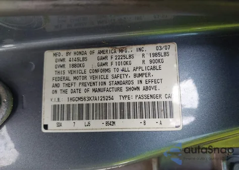 2007 Honda Accord 2.4 Se from USA, damaged, VIN 1HGCM563X7A125254